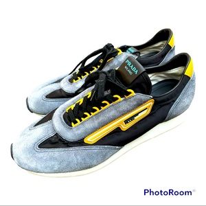 Unisex men’s 8.5 PRADA Grey black yellow suede leather sneakers